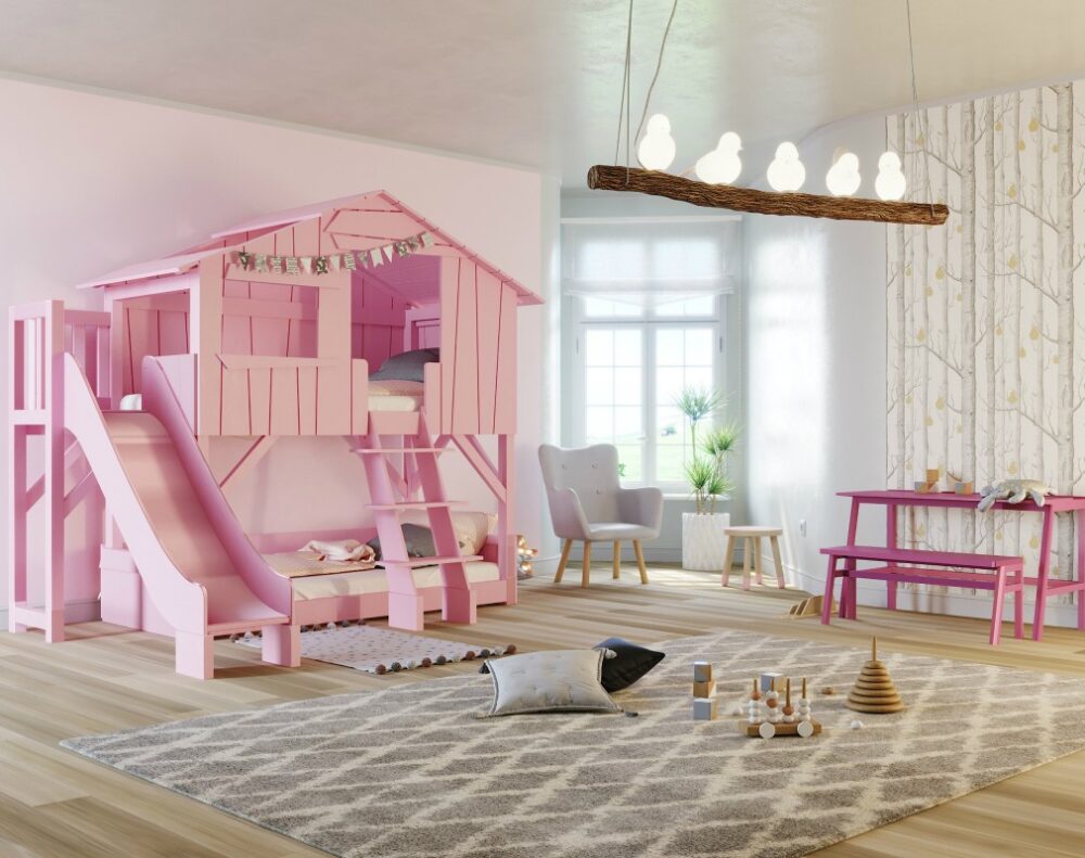 a pink bedroom for your child with a slide